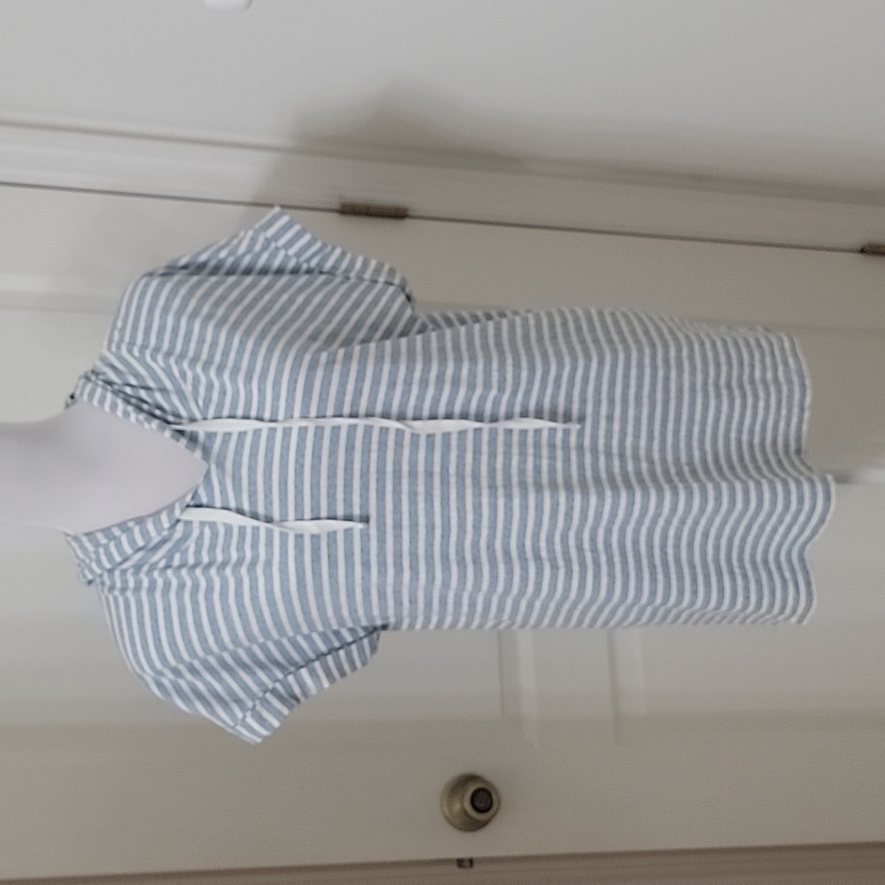 Jane and Delancey Size L Blue White Striped Pullover Hoodie, Short Cuffed Sleeve